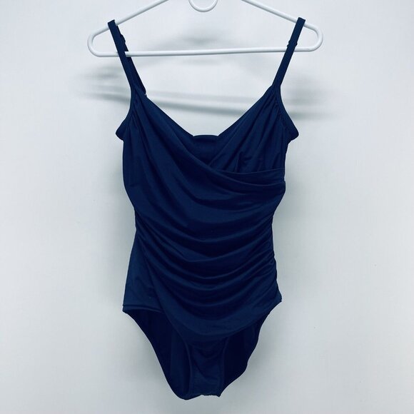Jantzen Other - JANTZEN Bikini Size 12 Women’s Surplice Draped Slimming Swimsuit Navy Blue